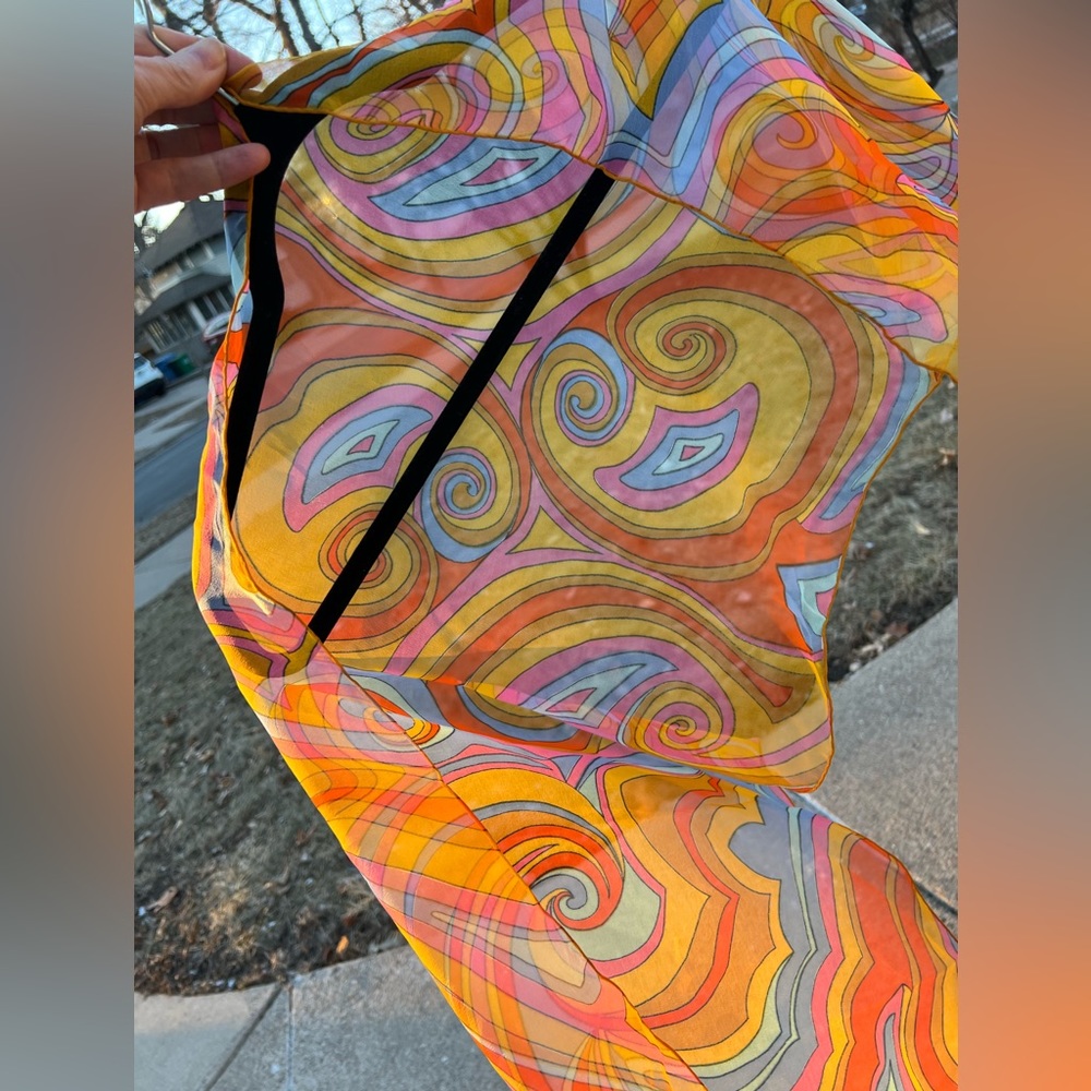 Sheer Paisley 1970s Mod Scarf /Ponytail Tie/Wrap Orange/Pink/Blue/Yellow 15βx44β - Picture 10 of 16